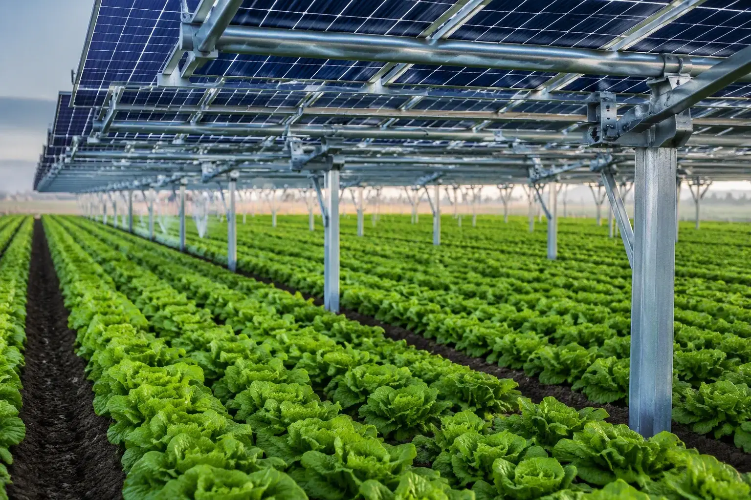 Raised bifacial modules over rows of young lettuce