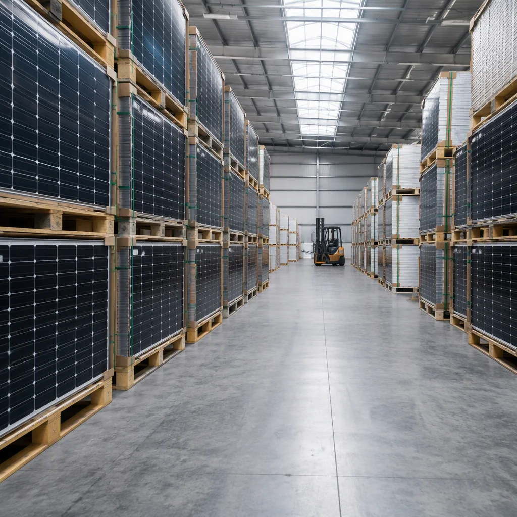 Warehouse aisle with thousands of solar panels stacked on wooden pallets in neat rows