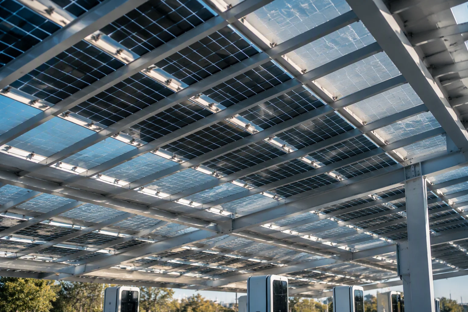 Bifacial canopy over a charging bay with reflected light