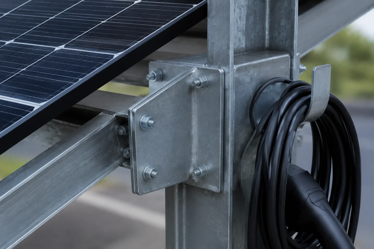 Carport steel joint with bifacial module edge and charging cable