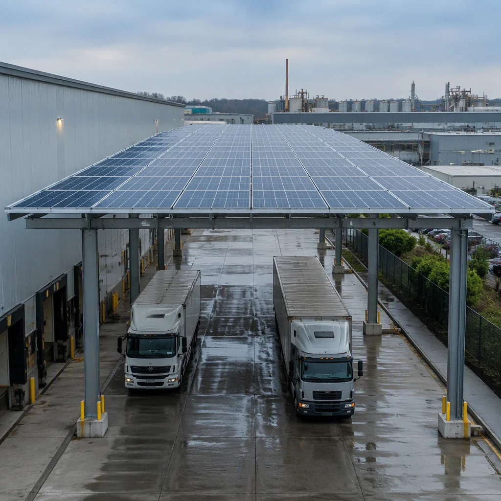 Commercial parking lot with a solar carport canopy and EV charging stations underneath