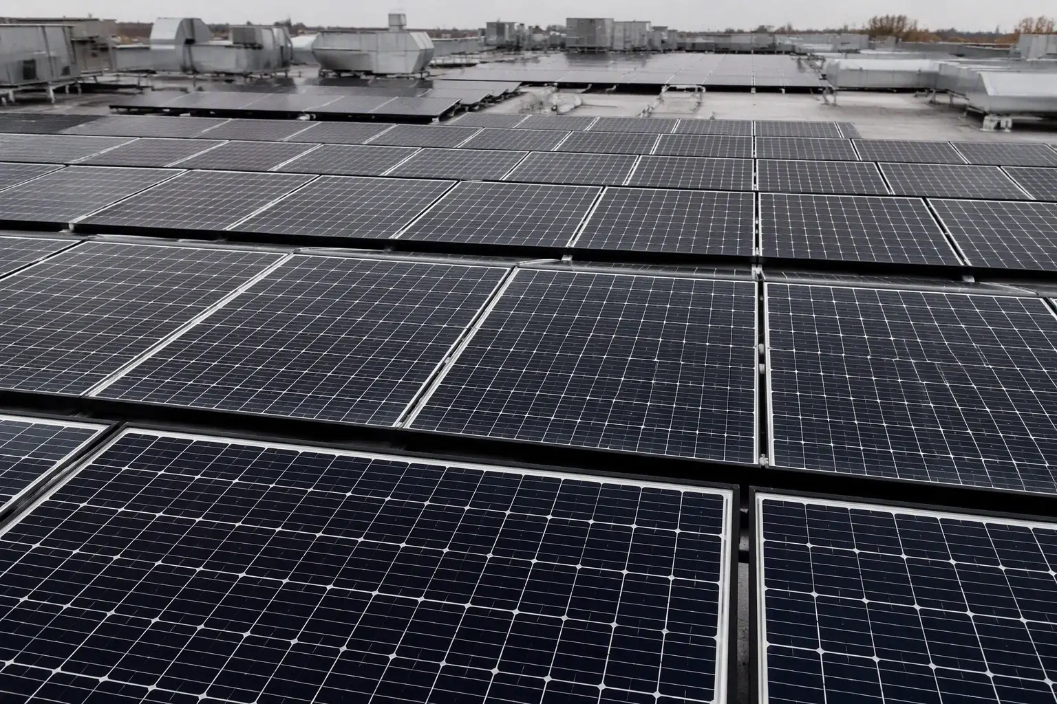 TOPCon module rows on a commercial rooftop with HVAC units