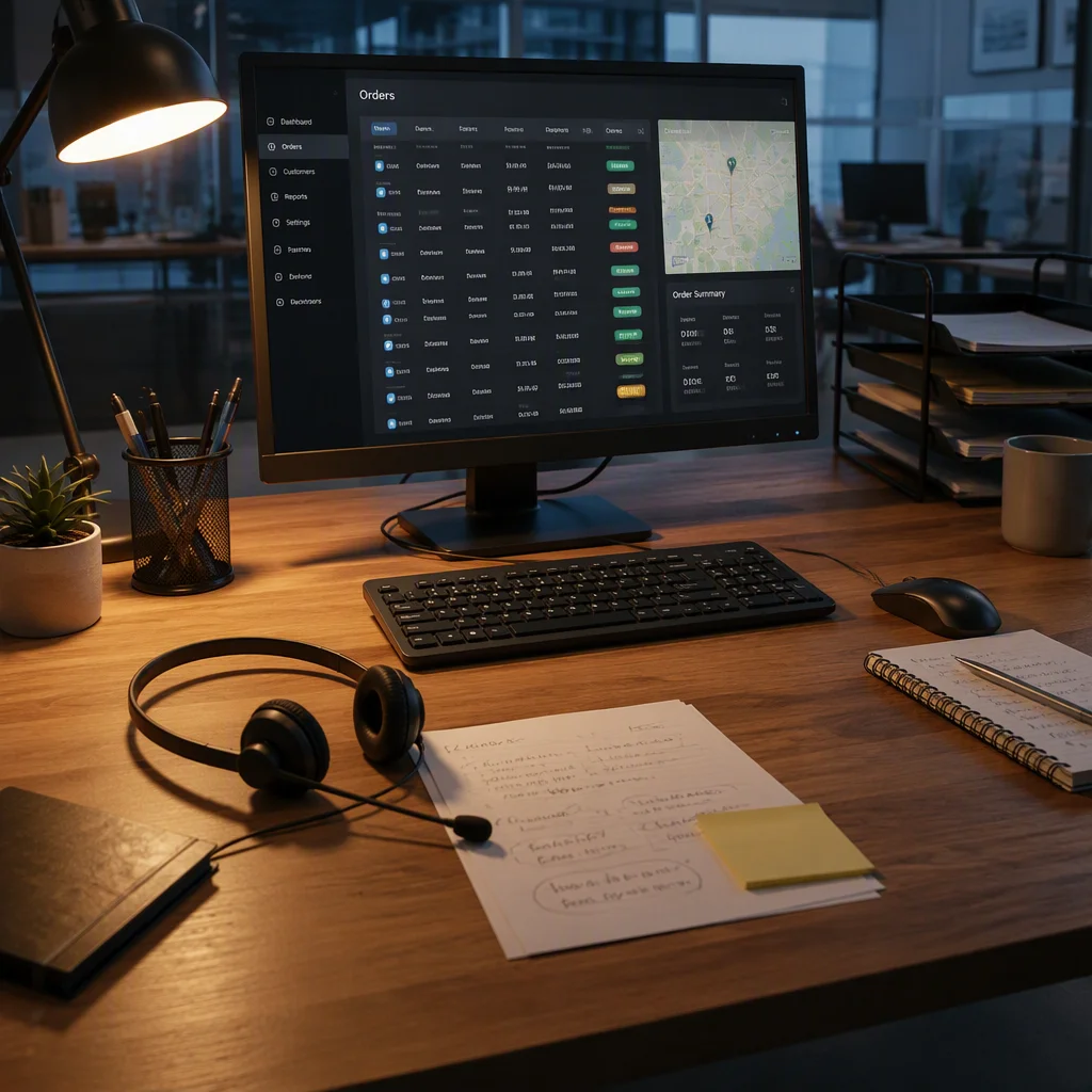 Sales representative at a desk with a laptop showing a solar panel order dashboard