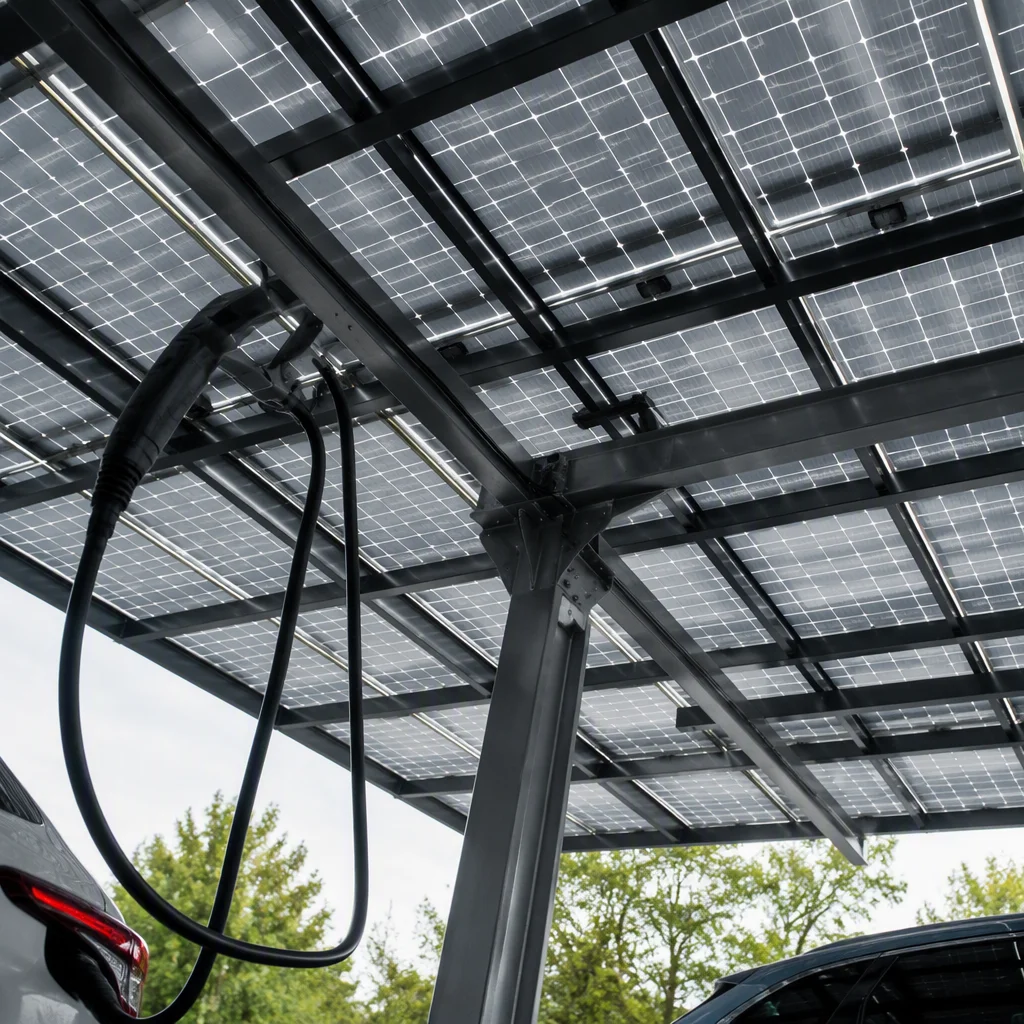 Underneath view of a solar carport showing the bifacial panel backside and an EV charging cable