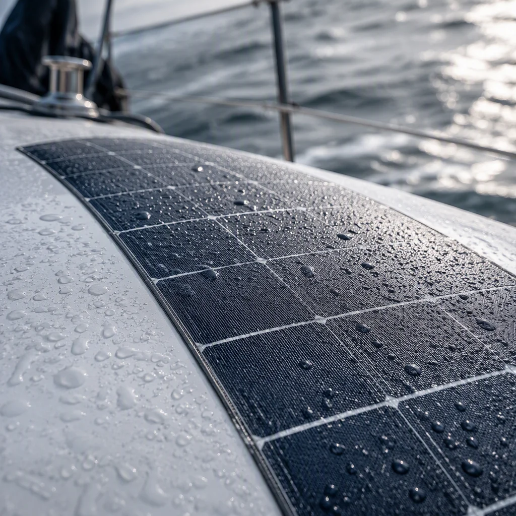 Close-up of a flexible solar panel adhered to a curved boat deck with salt water droplets