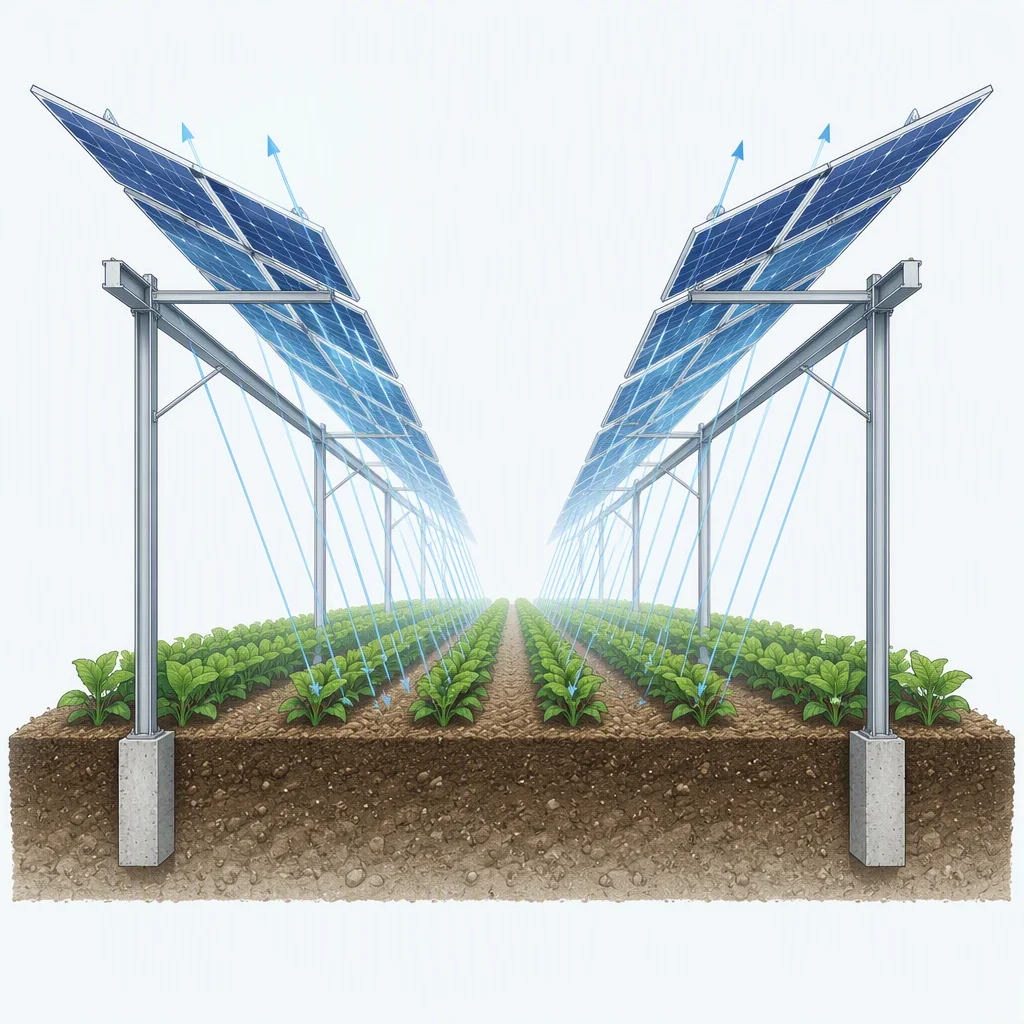 Cross-section diagram of an agrivoltaic installation with crop rows between raised bifacial panel rows