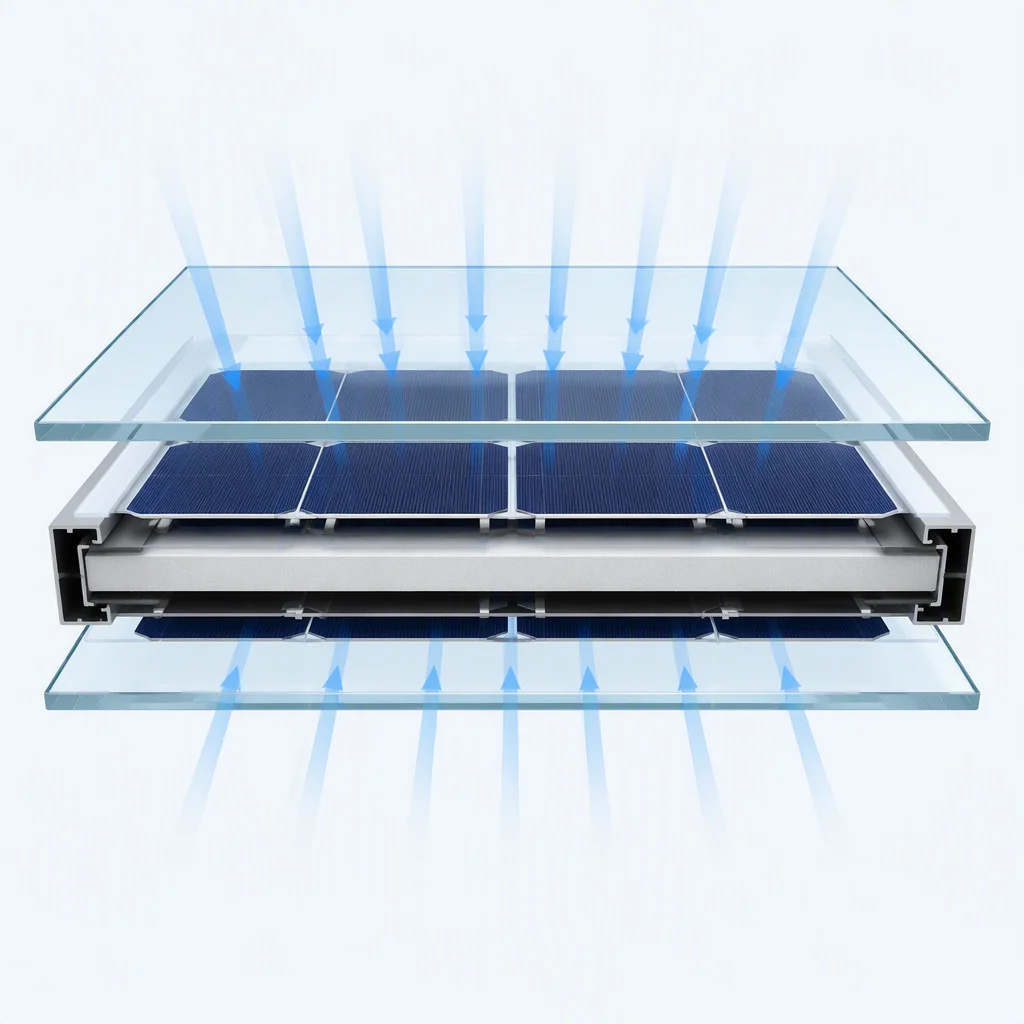 Cutaway diagram of a bifacial dual-glass module showing rear-side light capture