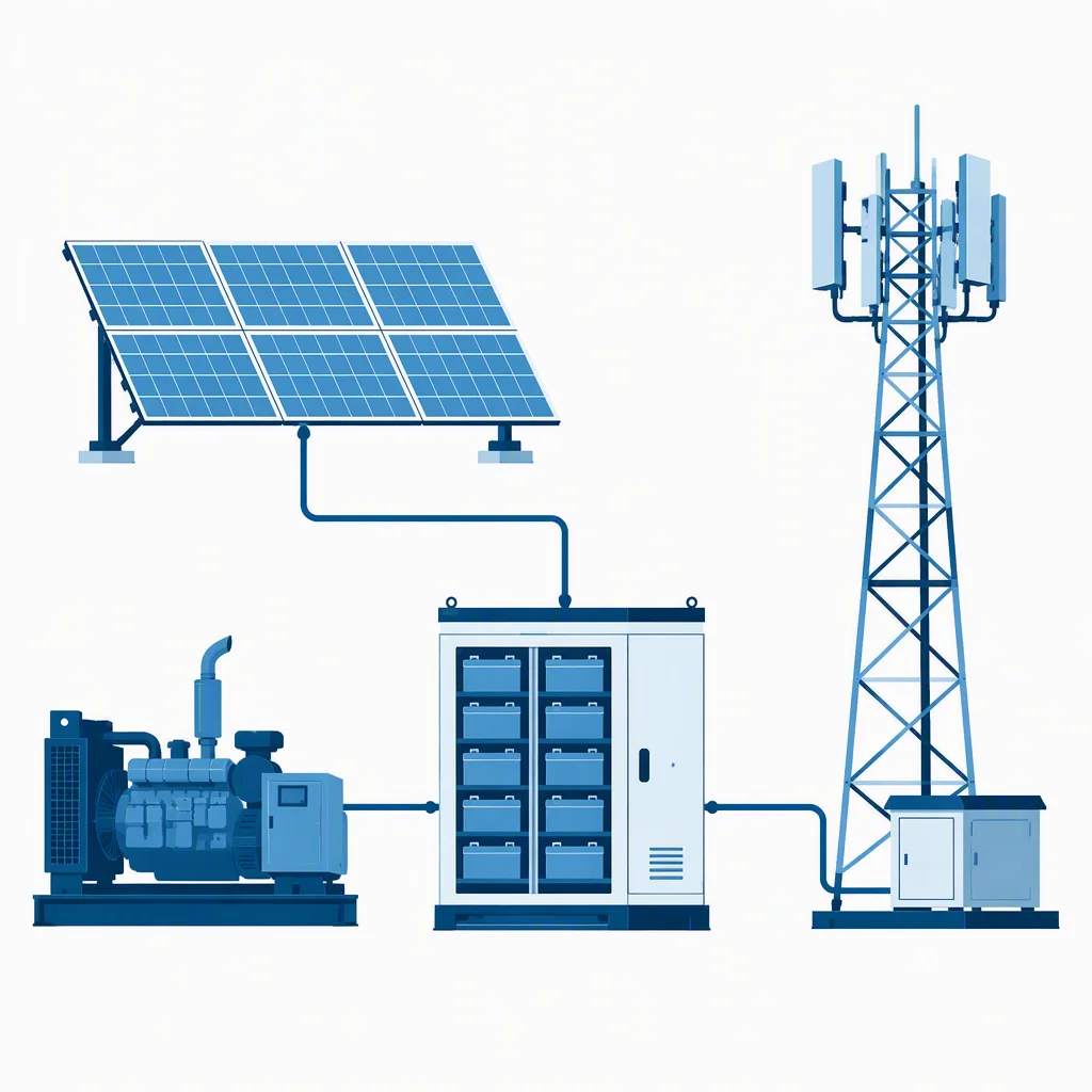 Diagram of a hybrid telecom power system: solar array, battery, diesel backup and tower load