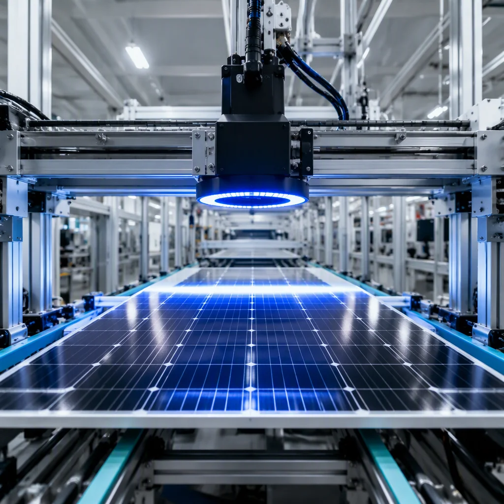 Inspection station with camera gantry and blue LED ring light over a module