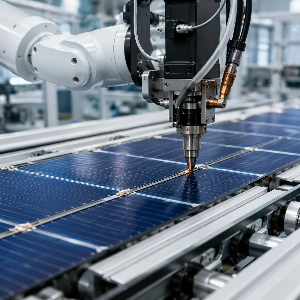 Automated production line with robotic arms handling glass and framed modules