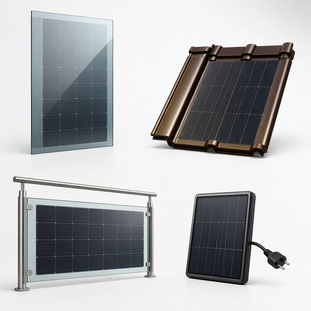 Showcase of four BIPV forms — frameless glass module, roof tile, balcony railing panel and small plugin module