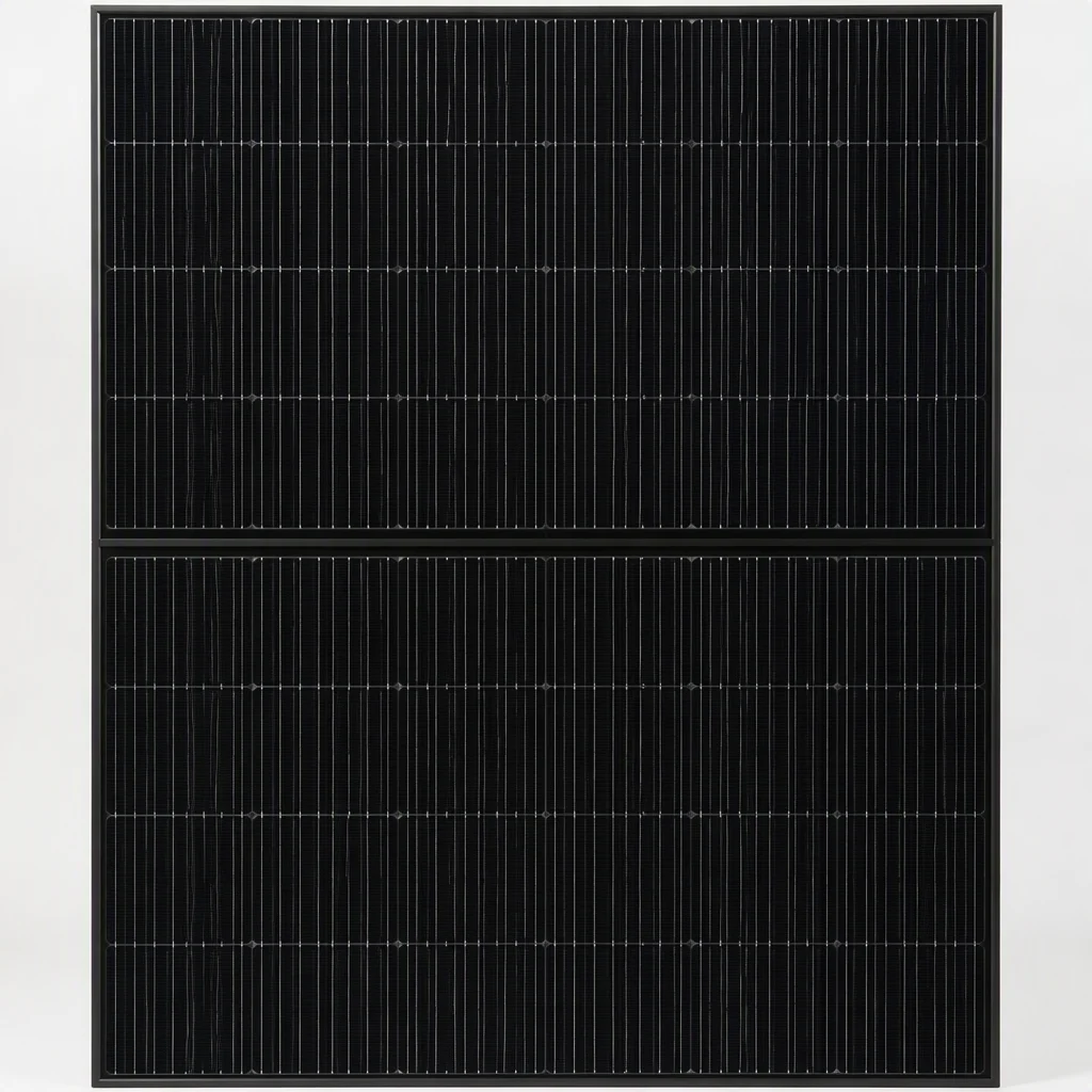 Large black-framed solar module standing upright in a studio