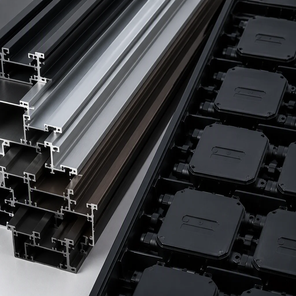 Solar module frame profiles in black, silver and bronze beside a tray of junction boxes