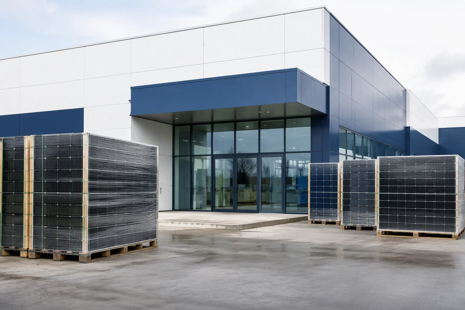 ems-solar factory employees in branded uniforms in front of a warehouse of stacked solar panels