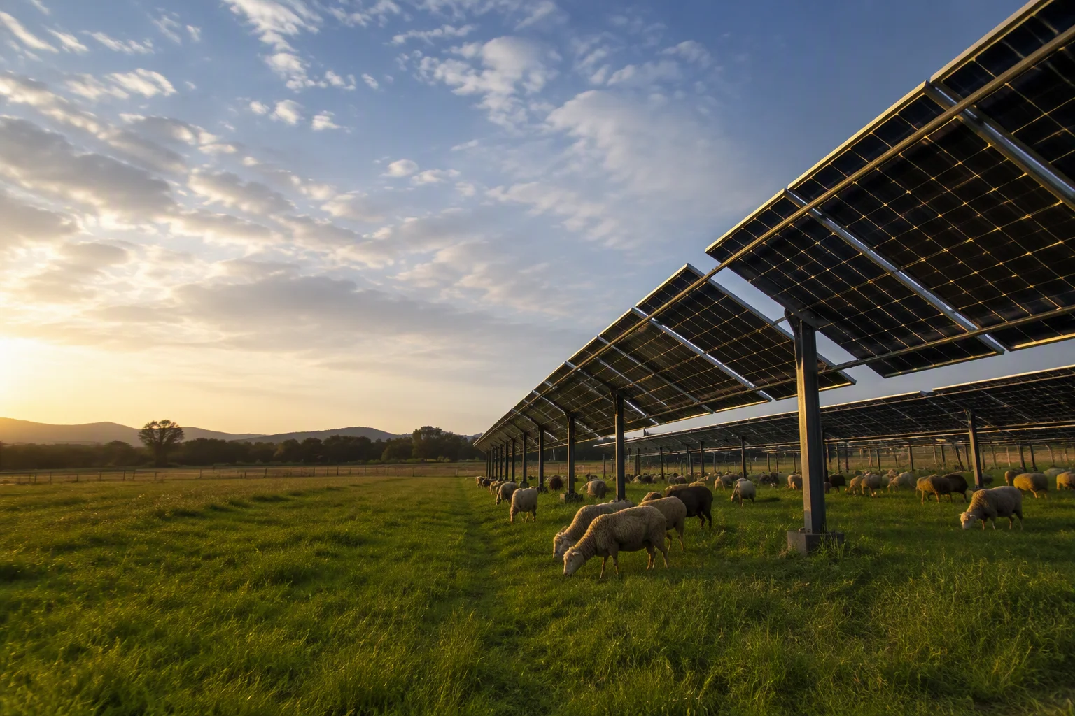 Raised bifacial solar panels over a green crop field with sheep grazing underneath in golden light