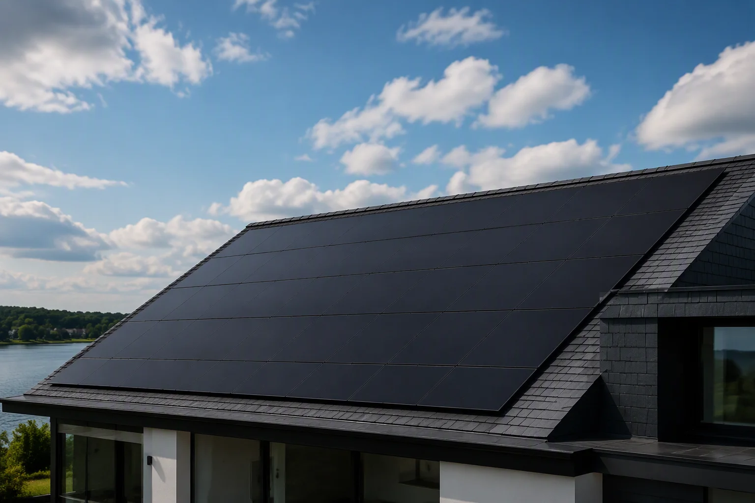 All-black solar panels on a modern European villa roof against a clear sky