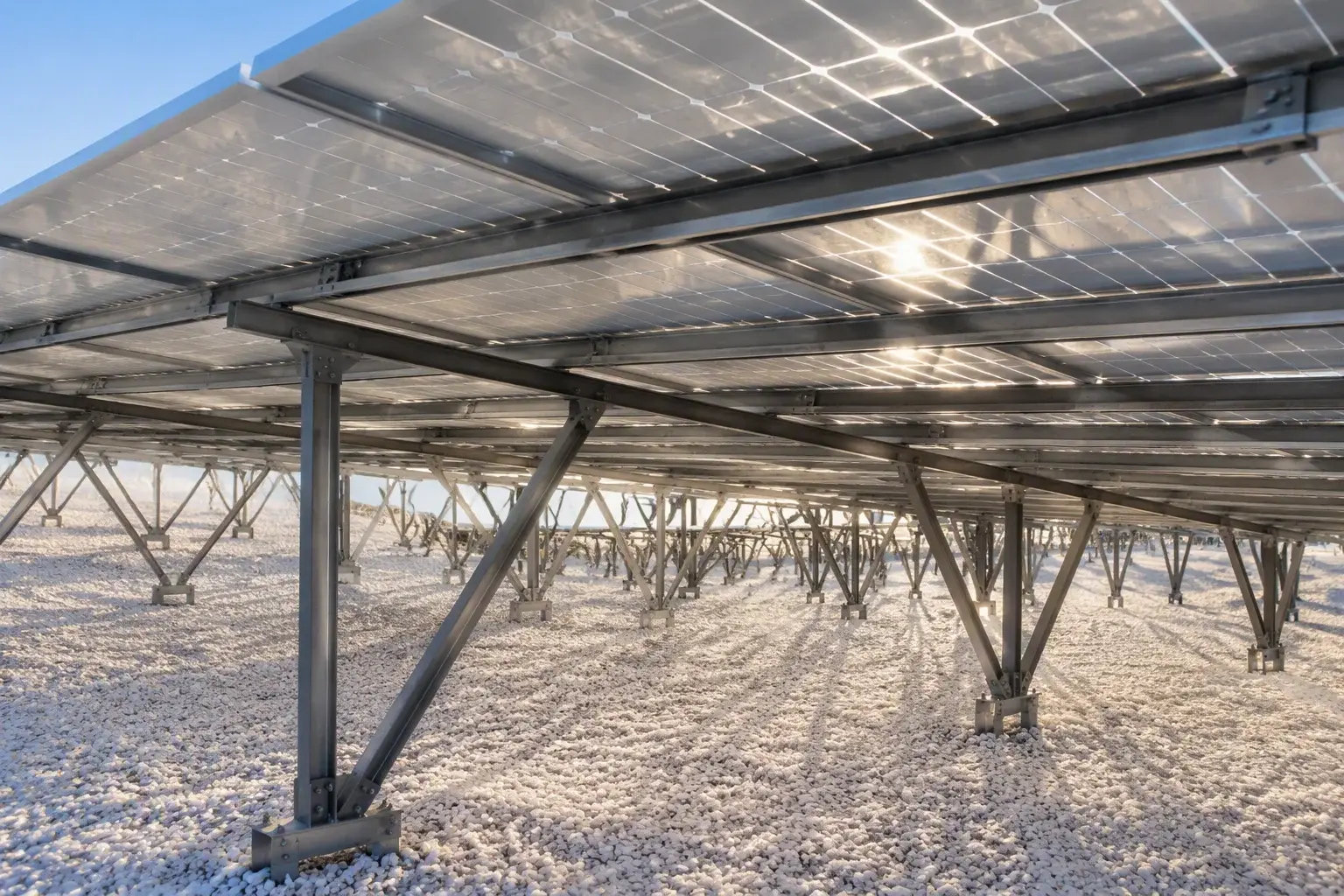 Ground-mount bifacial array over white gravel with both sides of the panels glowing