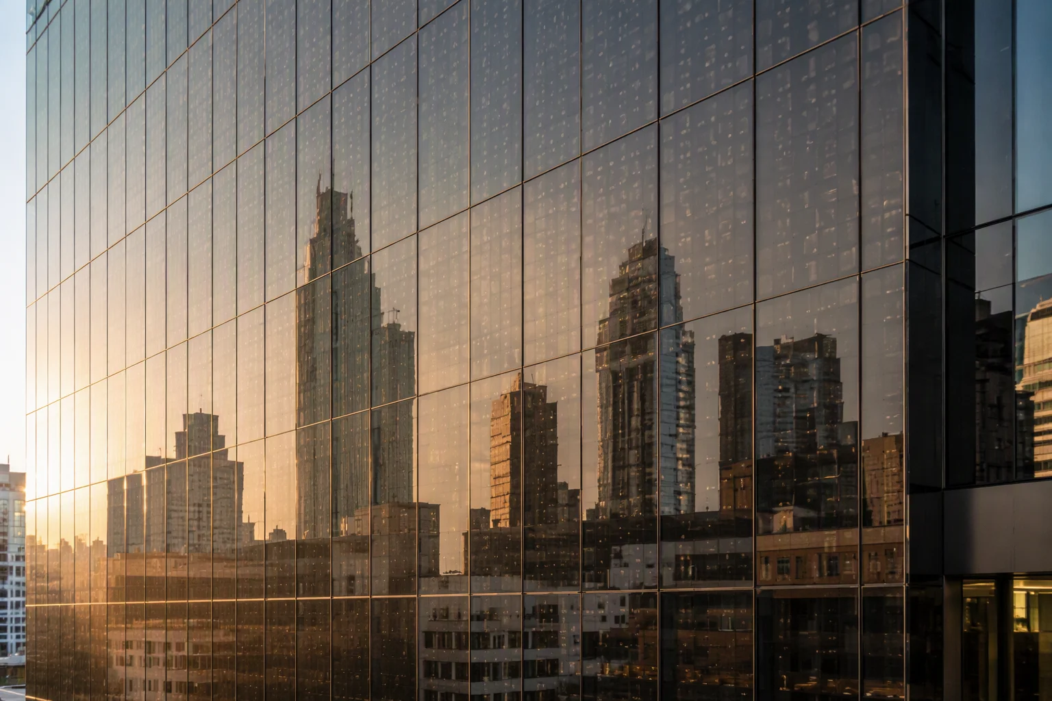 Modern building facade made of dark bronze BIPV glass solar panels