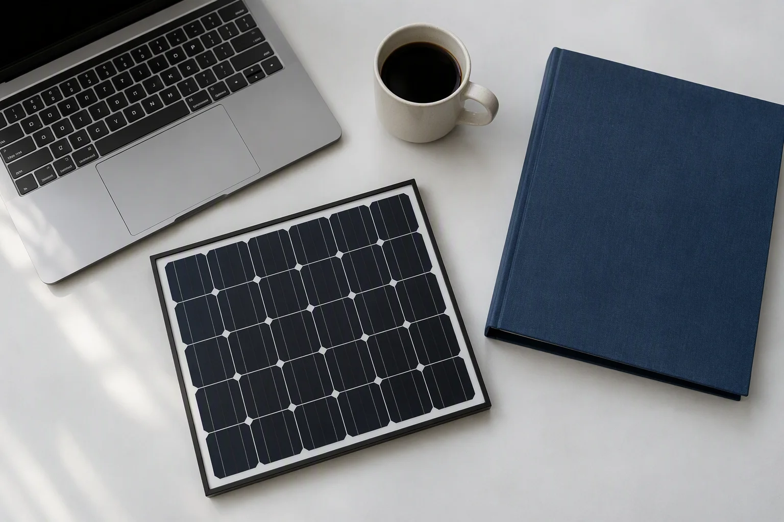 Overhead flat-lay of a solar panel, laptop, datasheet and coffee cup on a desk — ems-solar blog editorial style
