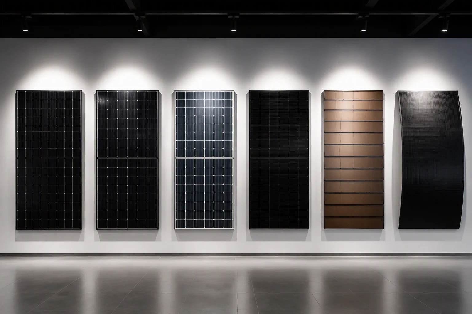 Six solar module types displayed on a showroom wall with spot lighting