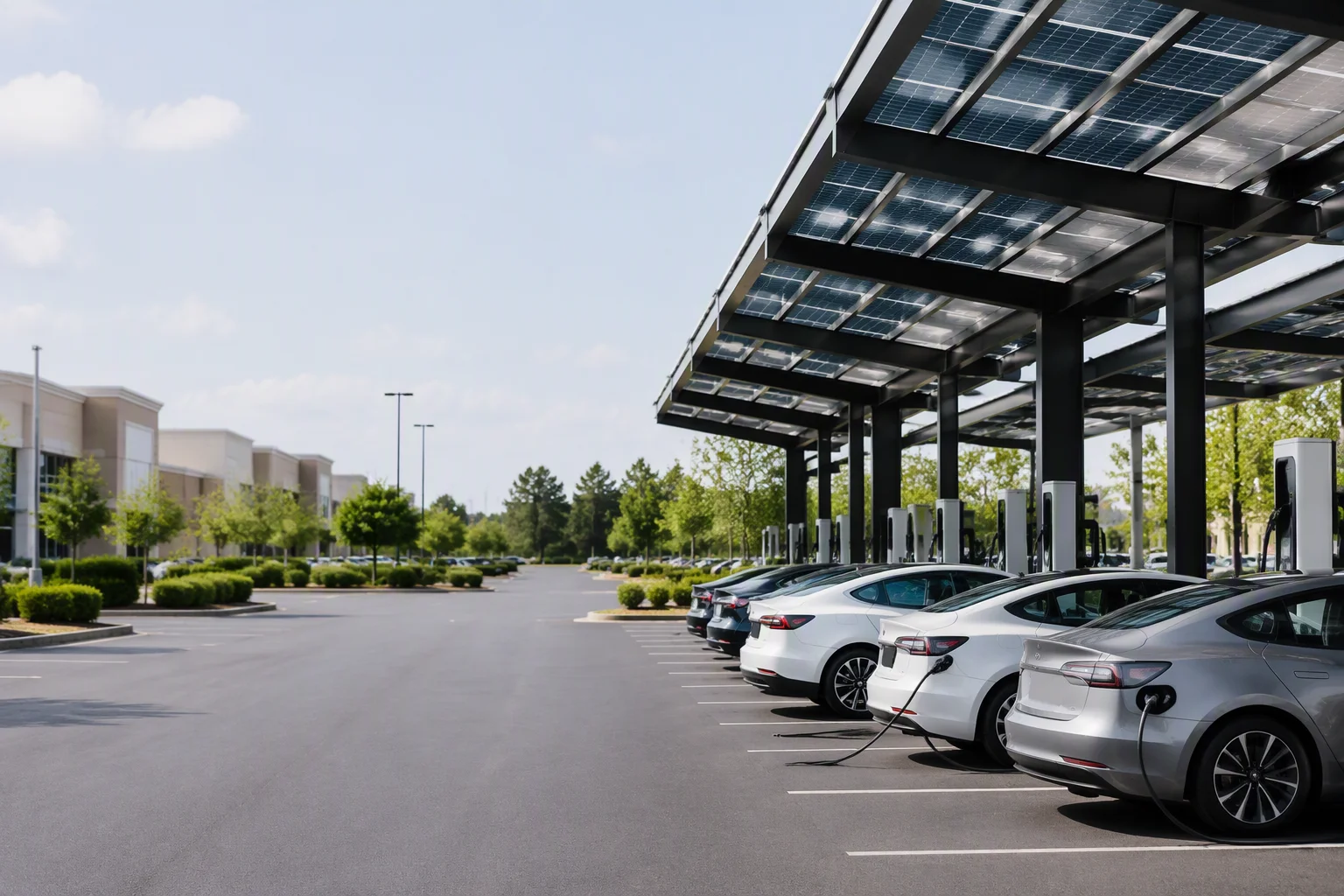 Modern solar carport with EV chargers at a shopping center, cars charging under bifacial panels