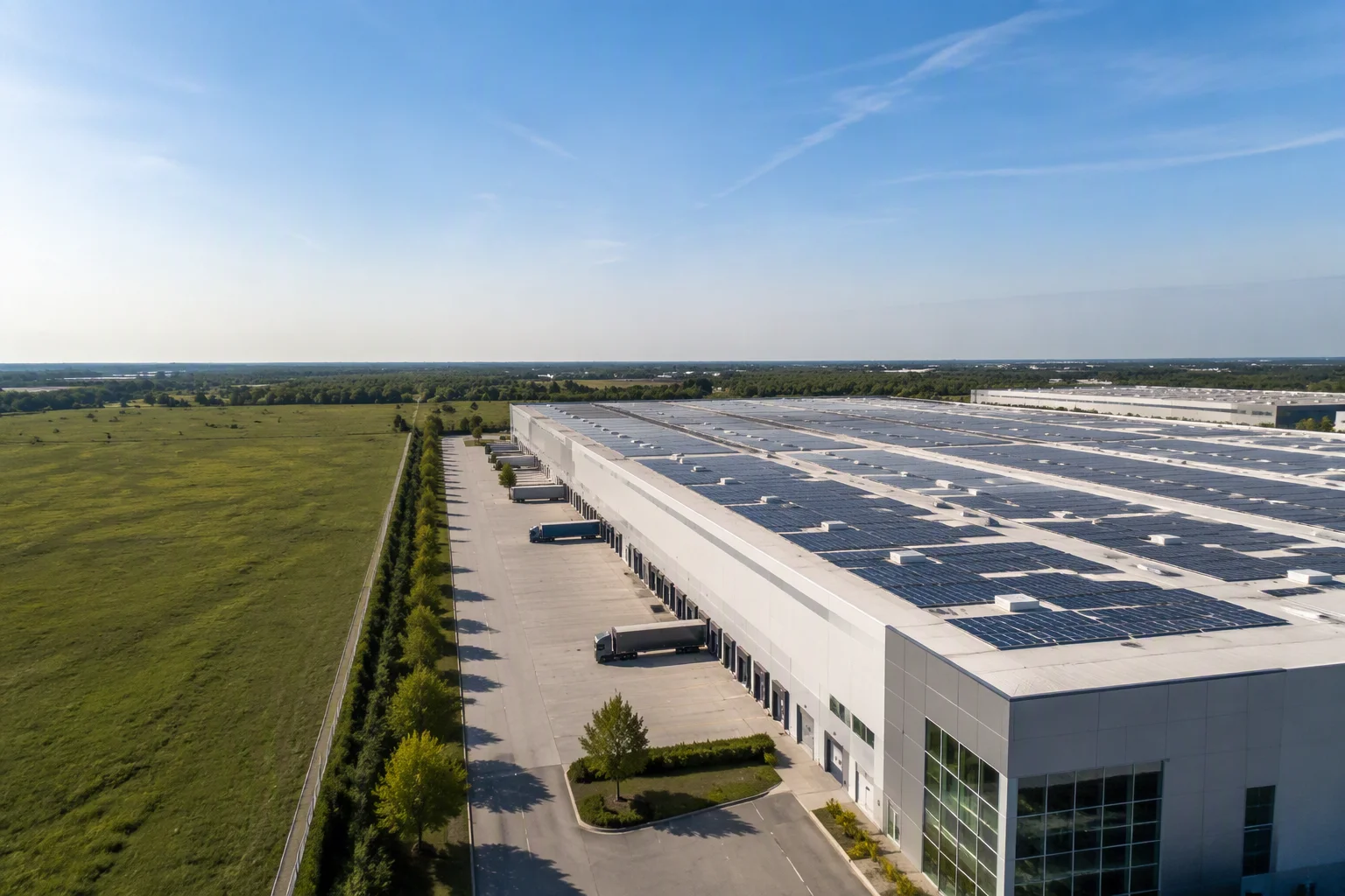 Solar modules on the white membrane roof of a large logistics warehouse, seen from above