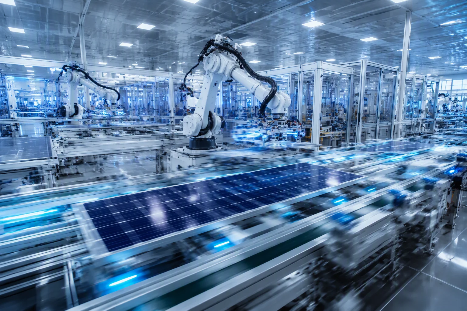 Robotic arms assembling solar modules on a conveyor line inside the bright ems-solar factory hall