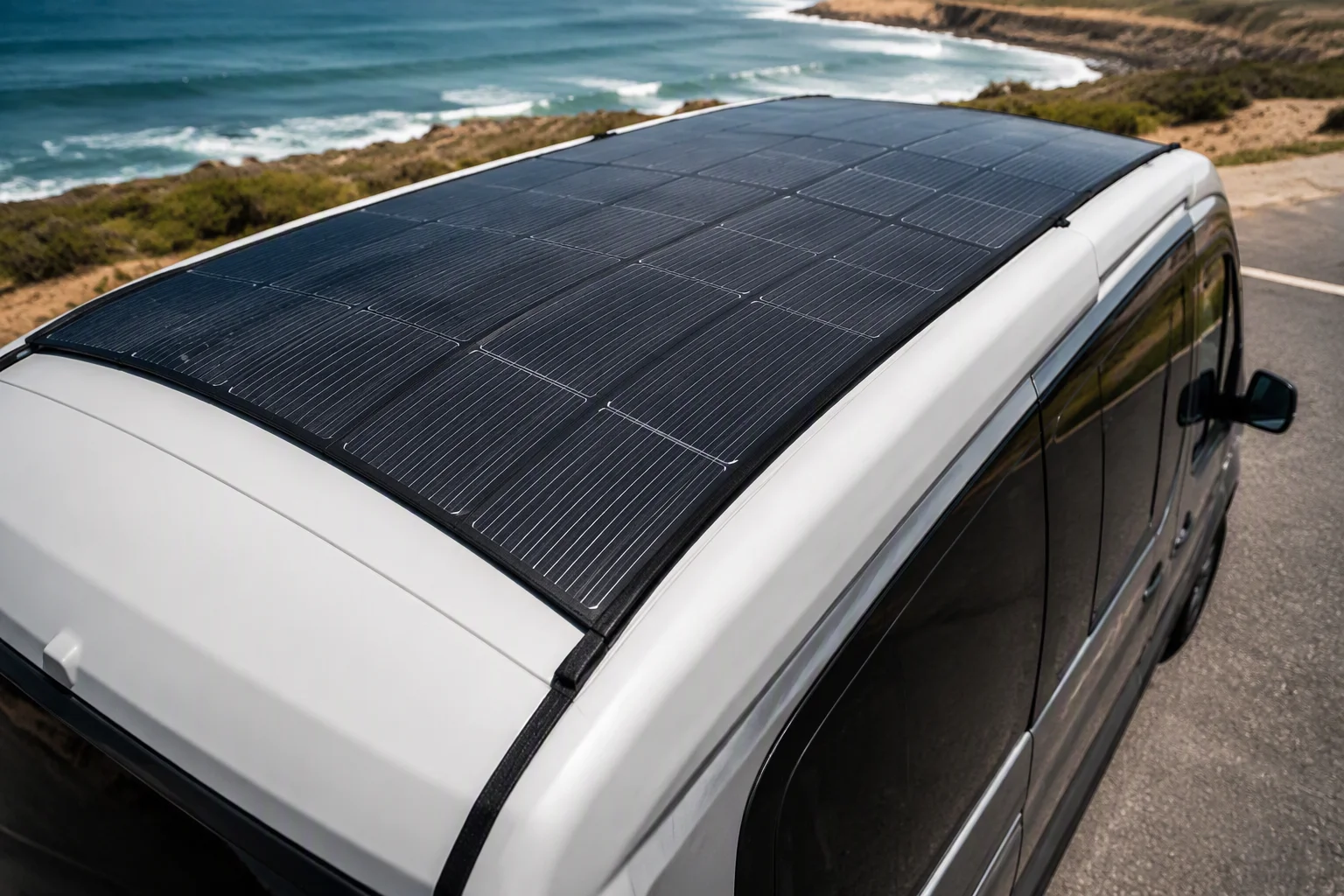 Flexible solar panel curved over a camper van roof near a coastline