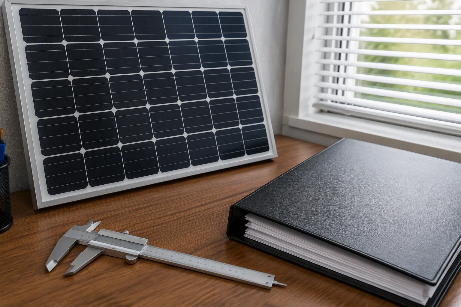 Engineer reviewing a solar module datasheet at a desk with a laptop and a panel sample beside