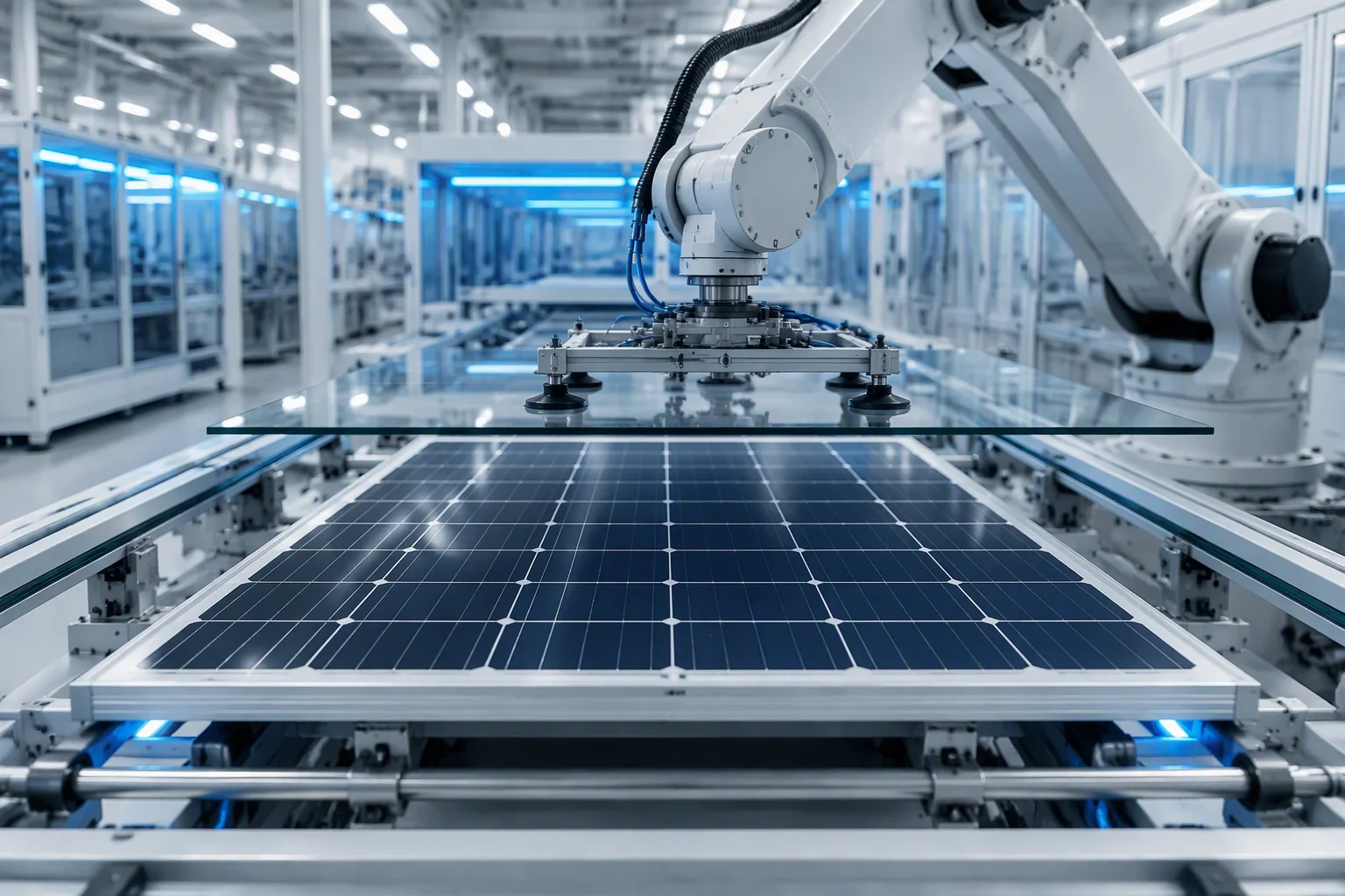 Robotic arm placing glass on a TOPCon bifacial module on the ems-solar production line