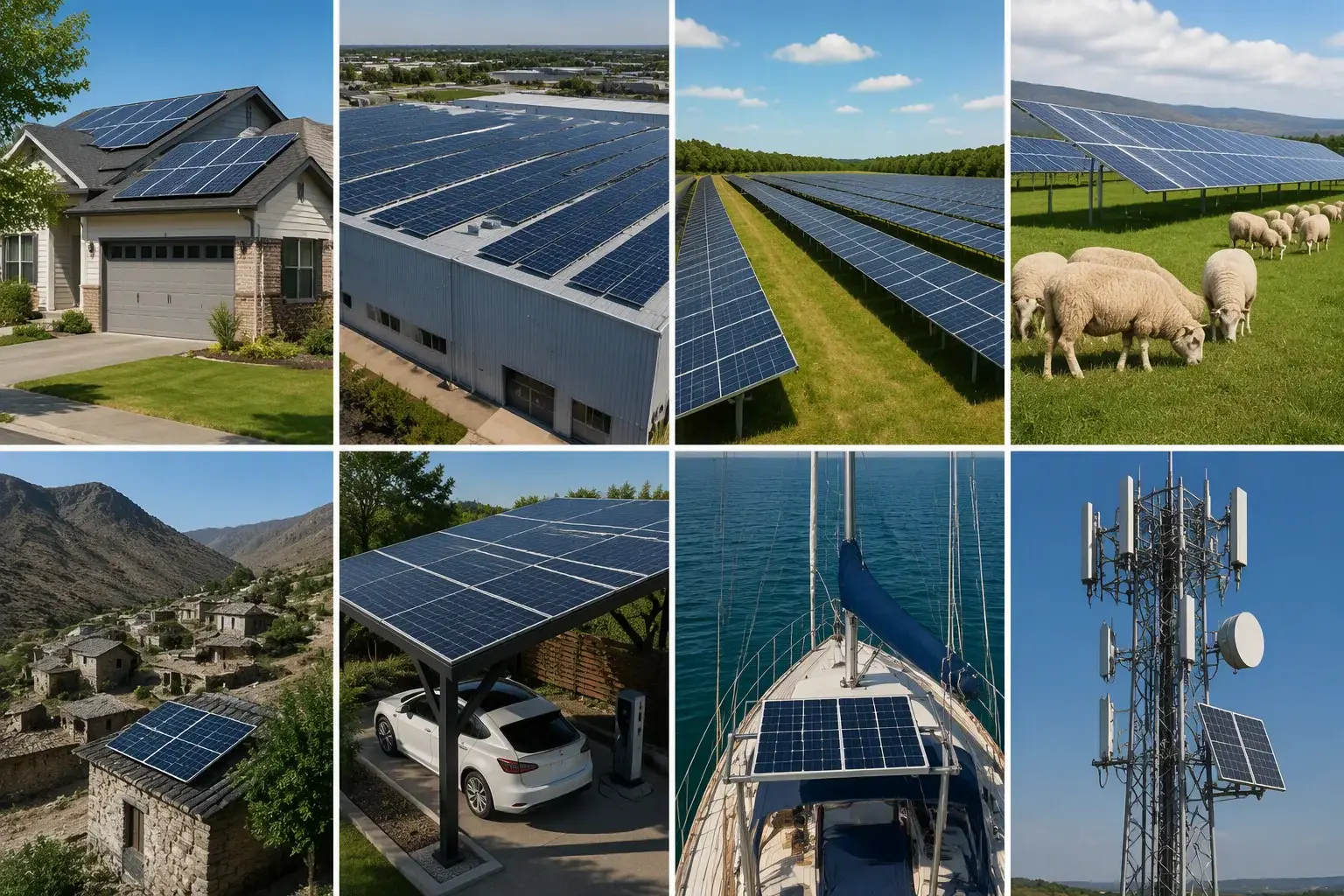 Collage of eight solar applications — rooftop, factory roof, solar farm, farm with sheep, remote village, EV carport, sailboat and telecom tower