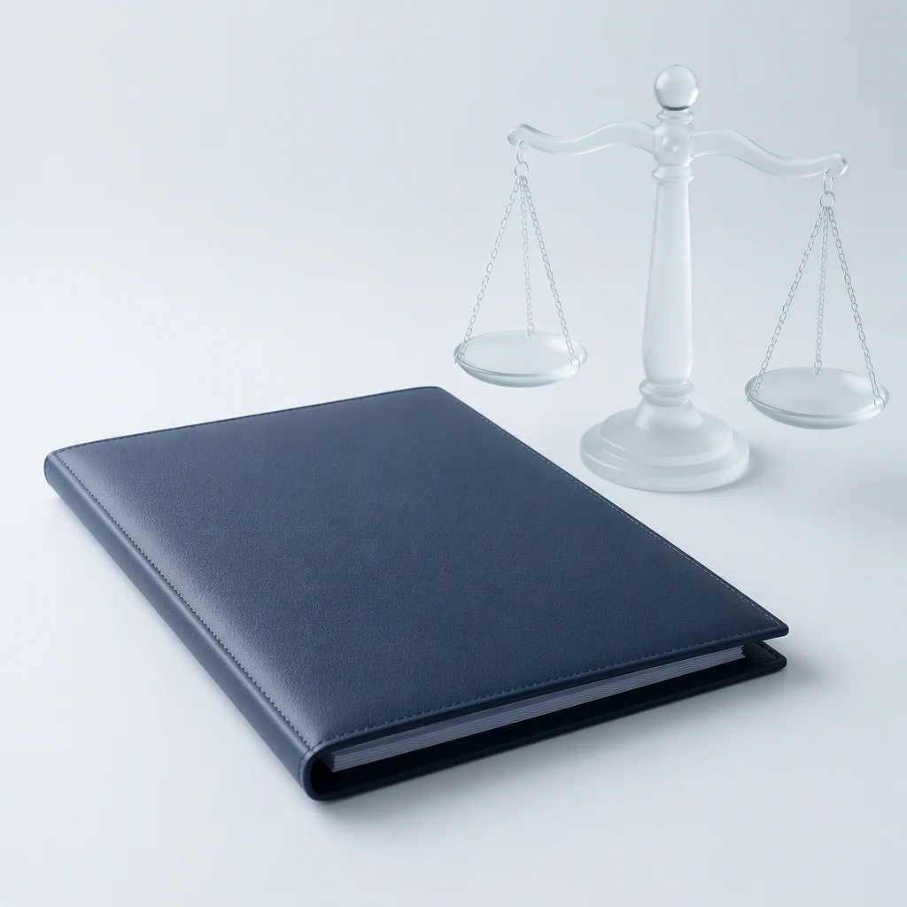Closed document folder and frosted glass scales on a light surface