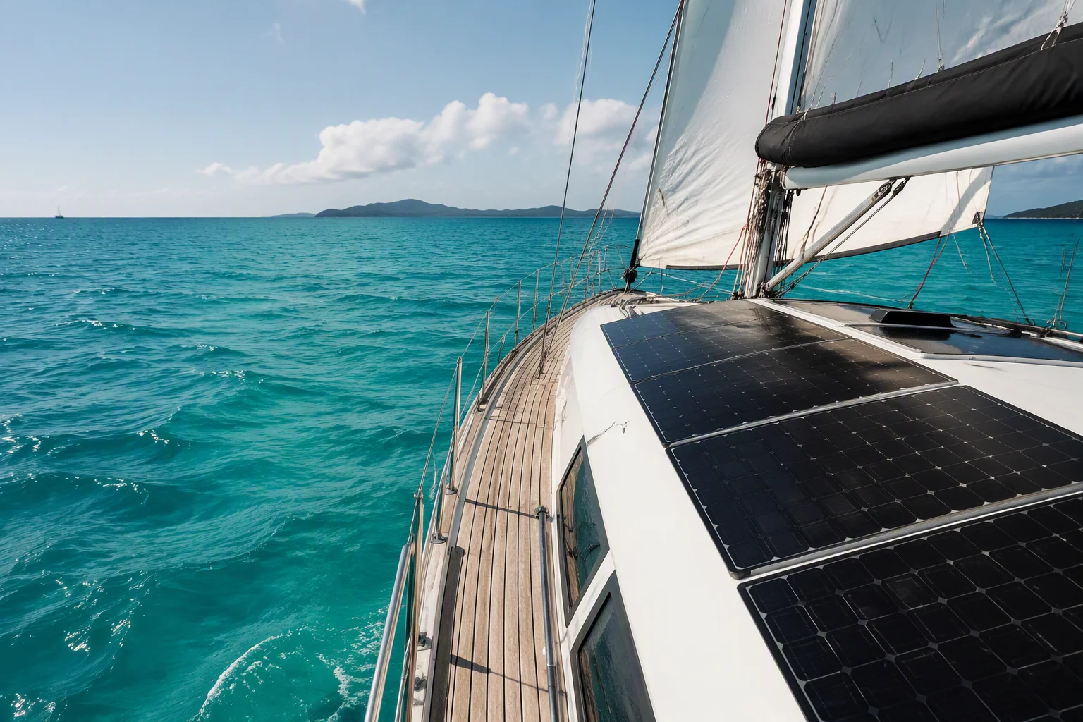Sailing yacht with flexible solar panels mounted on the cabin roof, turquoise sea and sails up