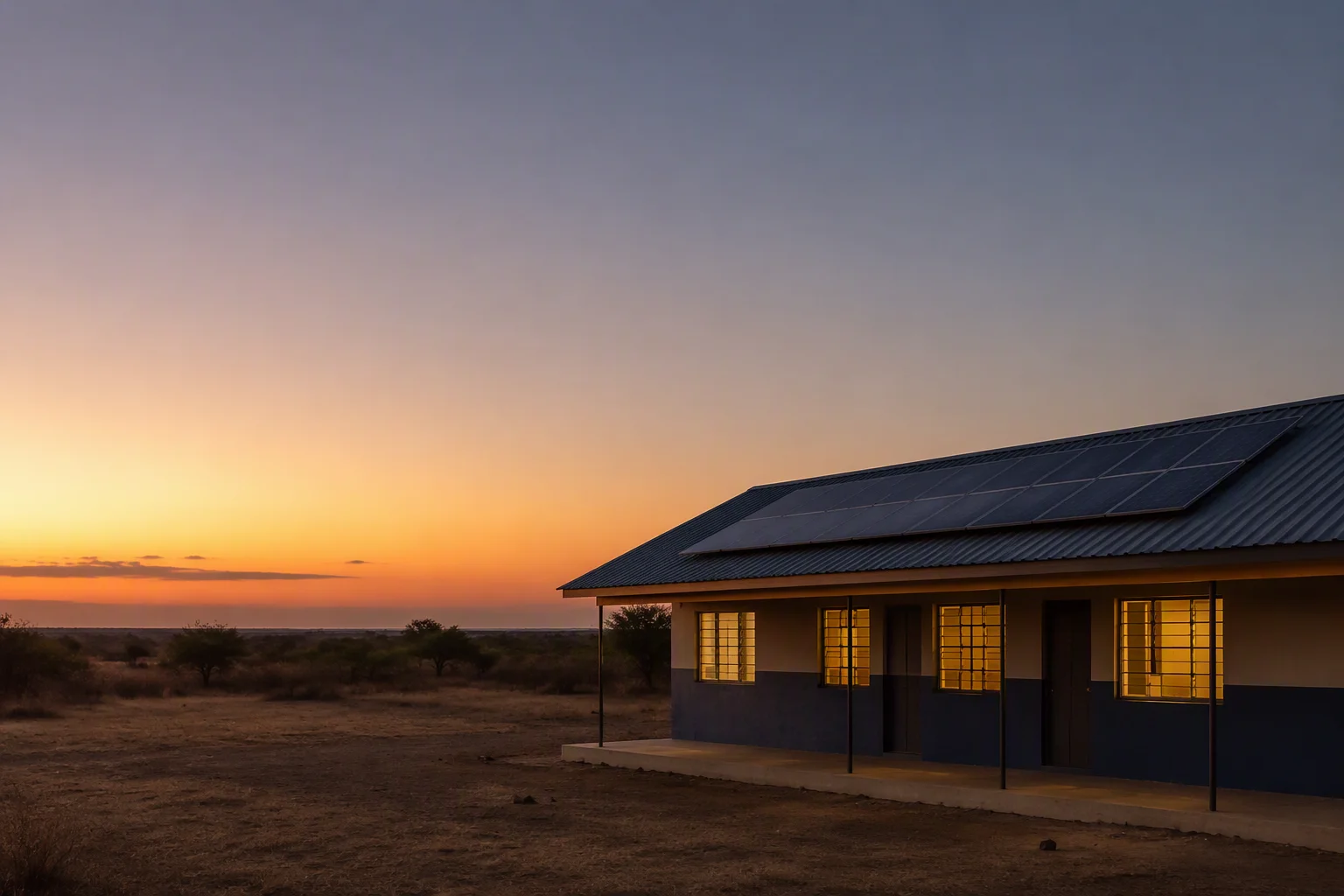 Small solar panel powering a rural school in Africa with children studying in warm evening light