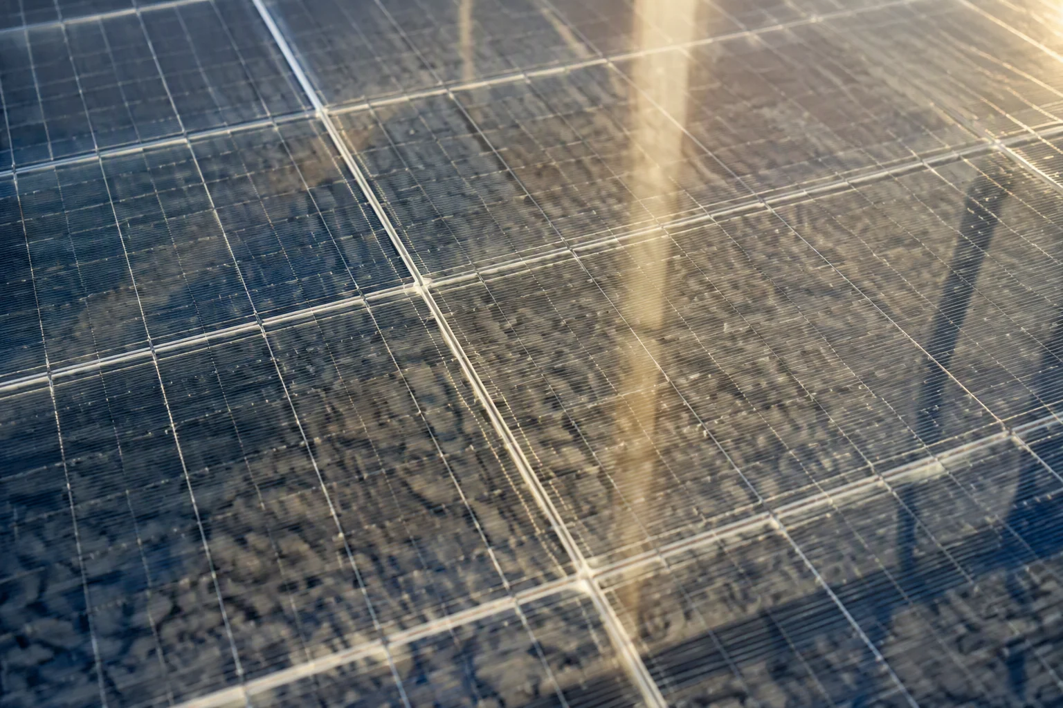 Bifacial glass-glass module over white gravel showing rear reflection
