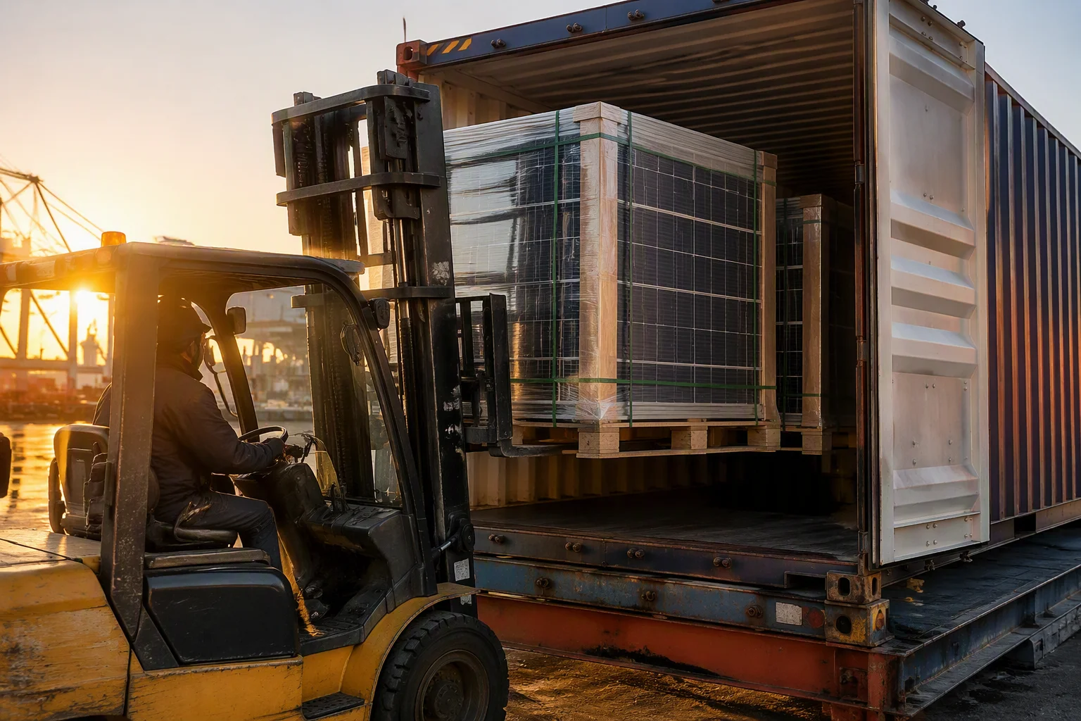 Forklift loading pallets of solar panels into a shipping container
