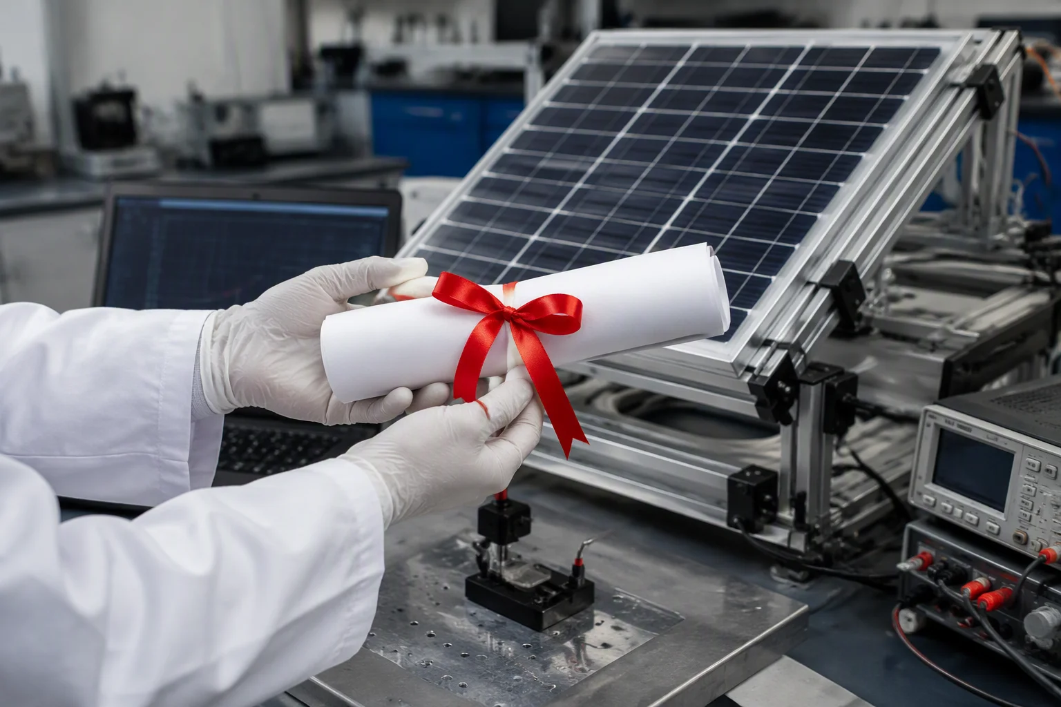 Gloved hands presenting a rolled certificate in a solar testing lab