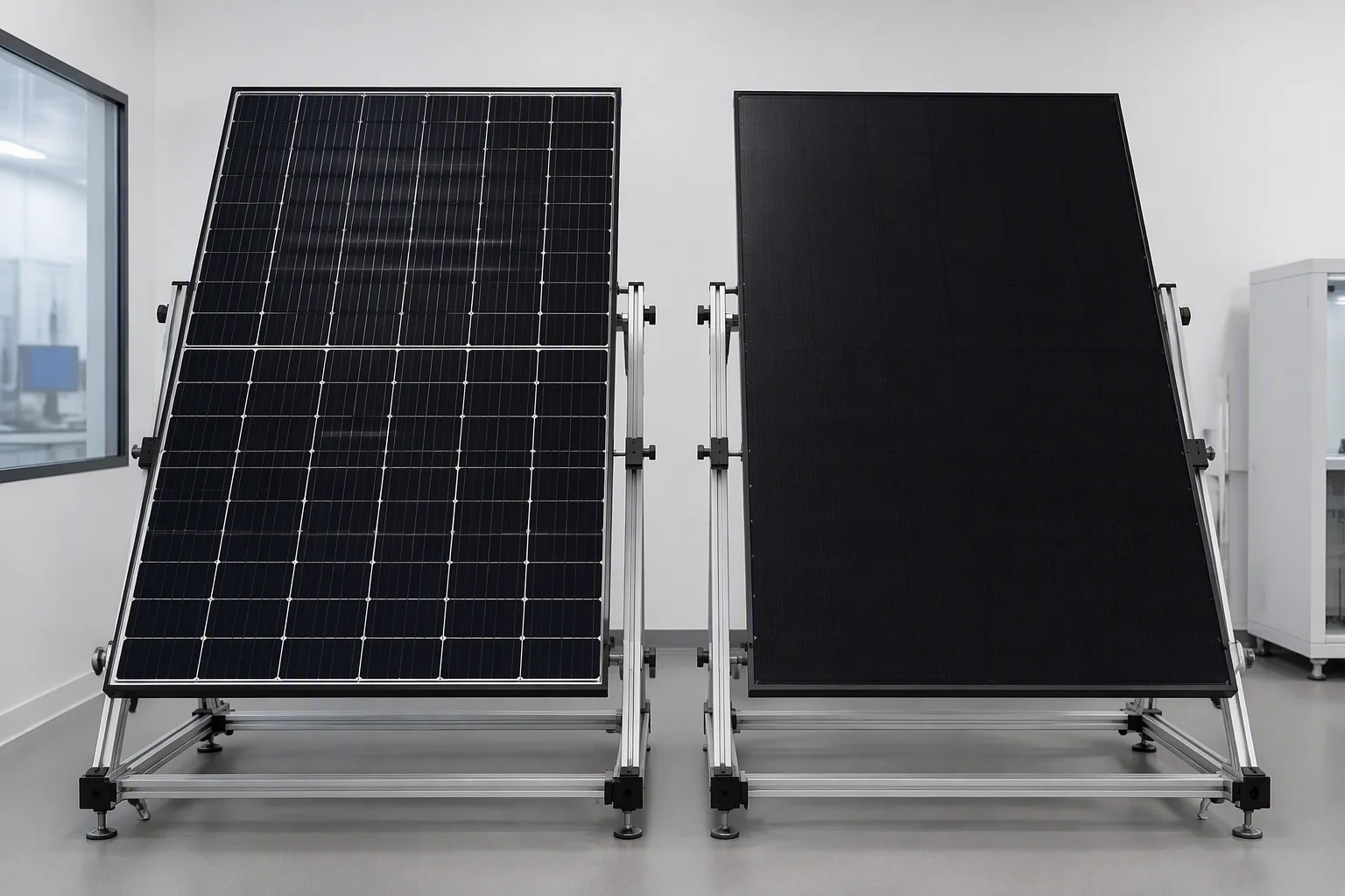 TOPCon and HJT modules side by side on lab test stands