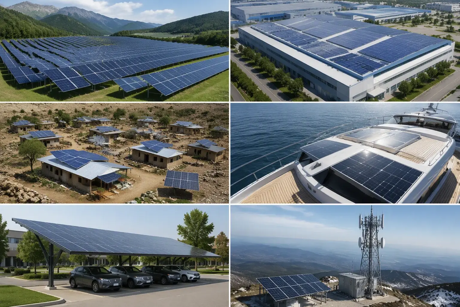 Grid of solar project photos from around the world: solar farm, factory roof, village, yacht, carport and telecom tower