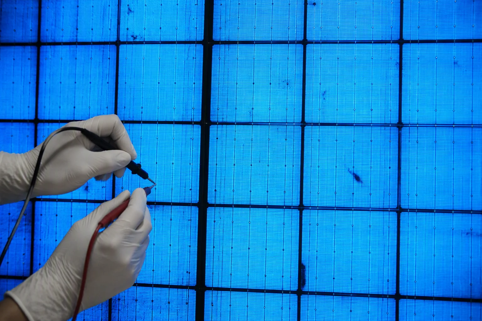 Gloved hands testing a solar module under blue electroluminescence in a dark lab