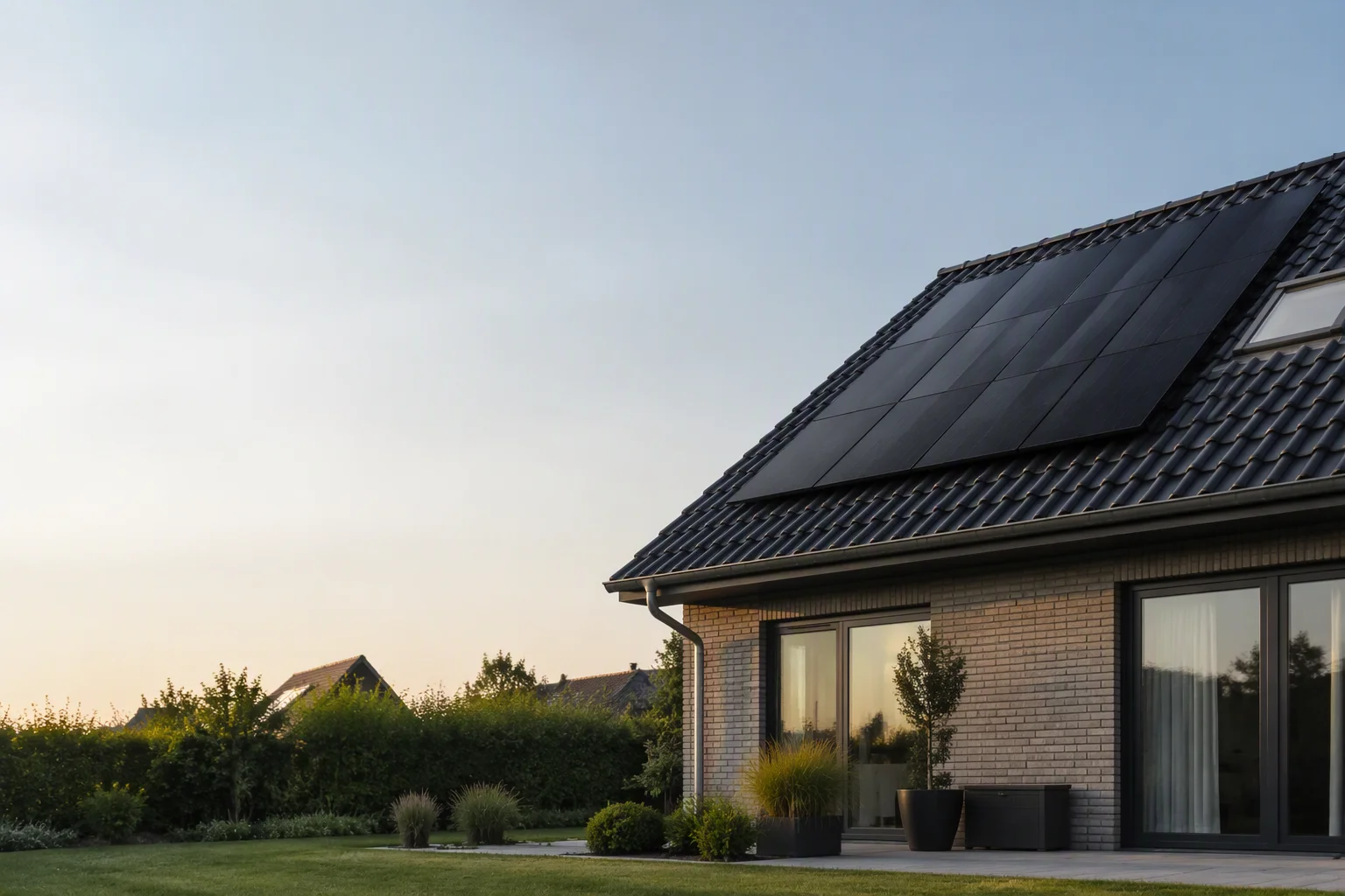 All-black solar panels on a suburban family home roof in late afternoon light