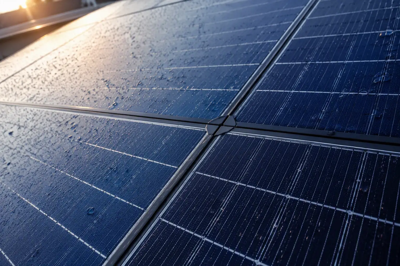 TOPCon bifacial module with dew on glass at rooftop sunrise