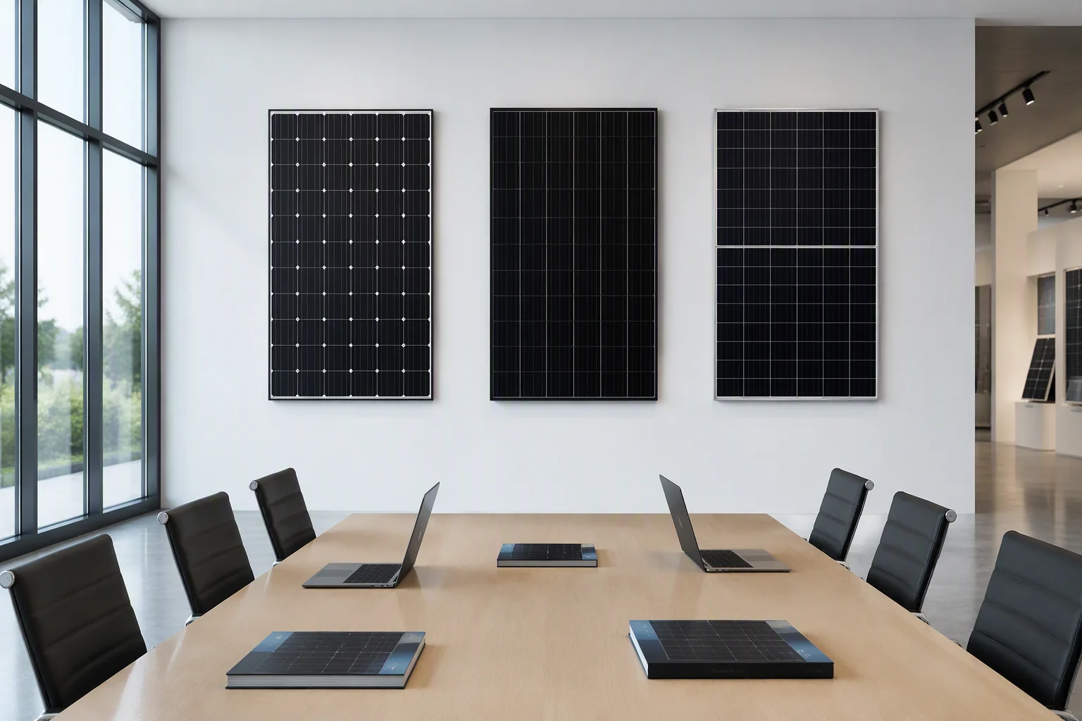 ems-solar export team meeting a European buyer in the showroom with module samples on the wall