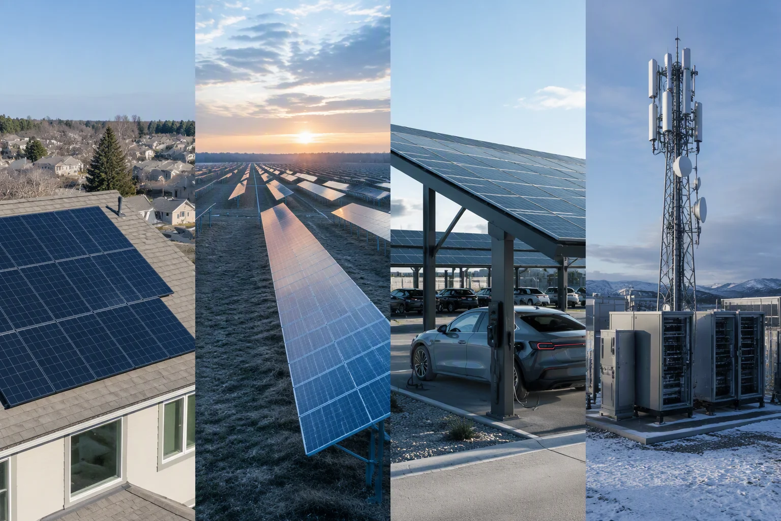 Eight ems-solar application scenes: rooftop, factory roof, solar farm, agrivoltaic field, off-grid village, EV carport, yacht and telecom tower