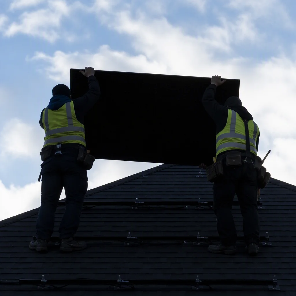 Two installers silhouetted while mounting an all-black panel on a roof ridge