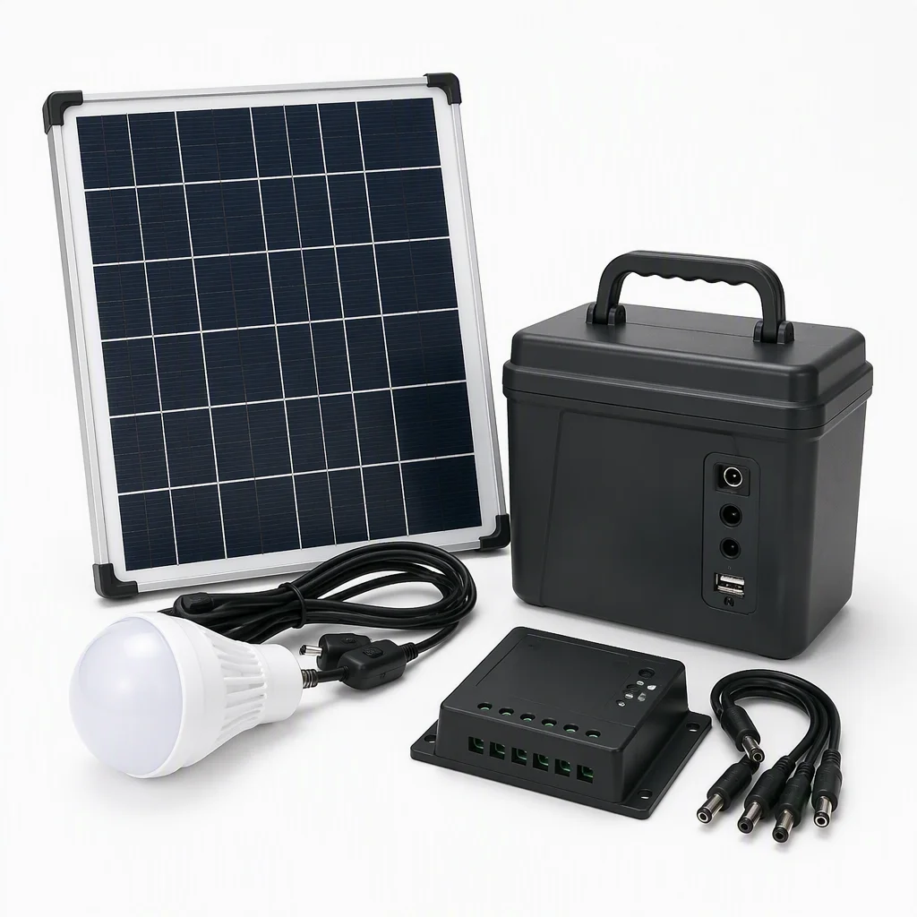 Small off-grid solar home system components: 60W panel, battery, LED lights and controller