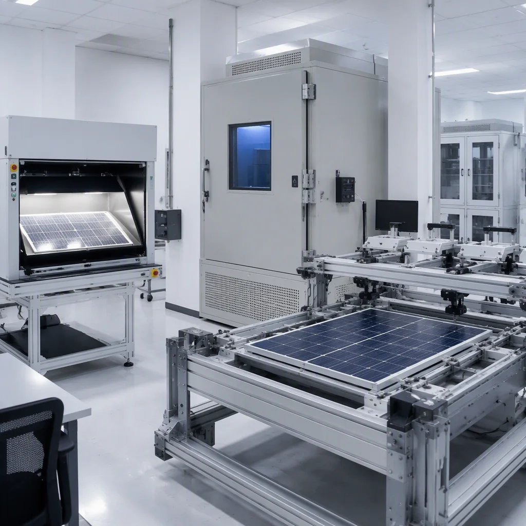 Solar module reliability lab with climate chamber, IV tester and mechanical load rig