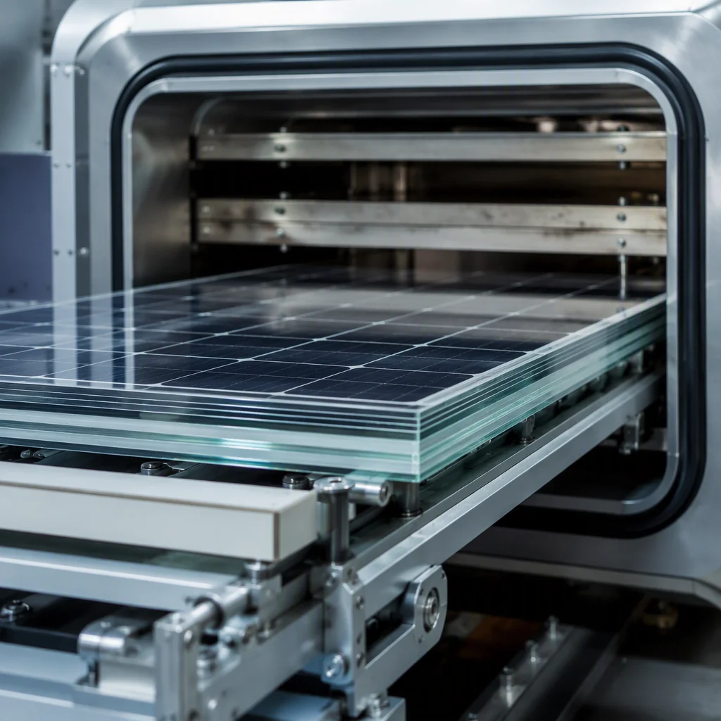 Glass stack entering the vacuum chamber of a solar module lamination press