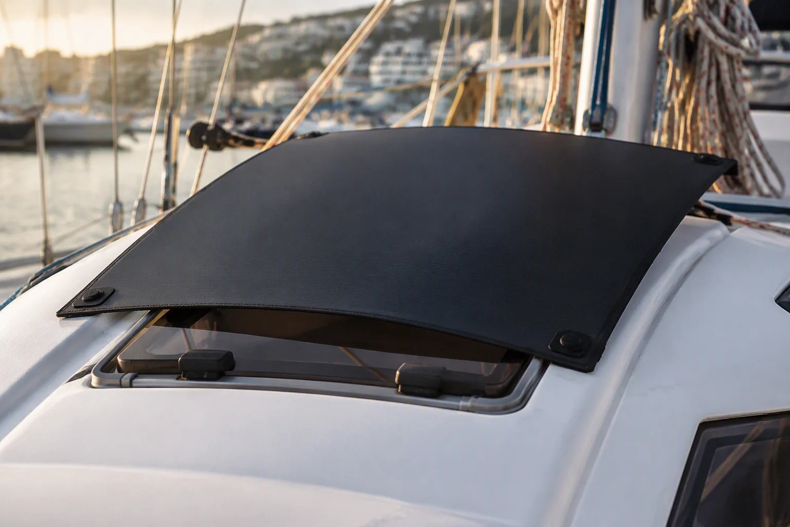 Flexible panel curved over a sailboat cabin hatch
