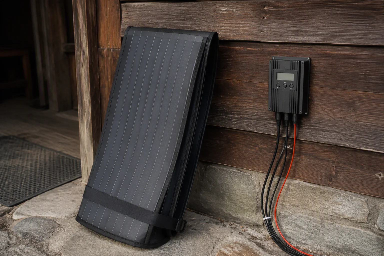 Rolled flexible panel leaning against a cabin wall